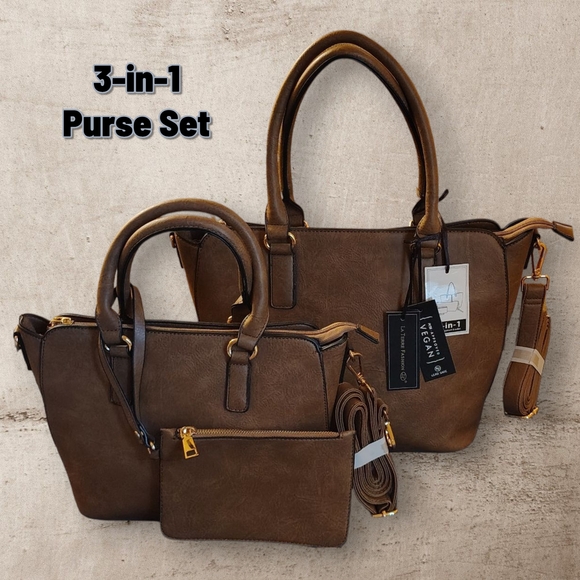 La Terre Fashion Handbags - Brown 3-in-1 Purse Set